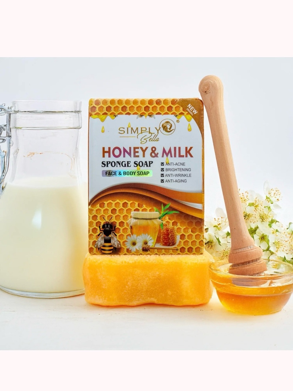 Simply Bella Honey & Milk Sponge Soap – Face & Body Cleanser, 100g, New